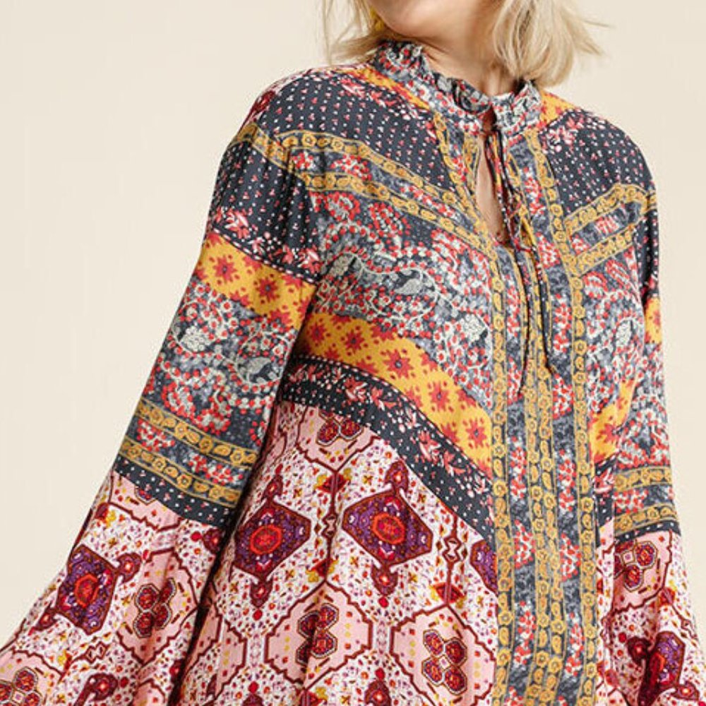 Plus Boho Gypsy Bell Sleeve Babydoll Tunic Dress - Picture 6 of 6